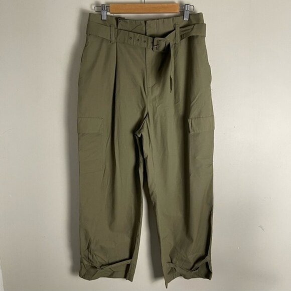 Zara Pants Womens size large Olive Green Paperbag Waist Belted Tapered Cargo NWT - Picture 1 of 14
